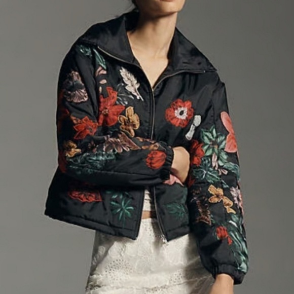 Anthropologie Floral Embroidered Bomber Jacket - Black and Multicolor - Picture 2 of 8
